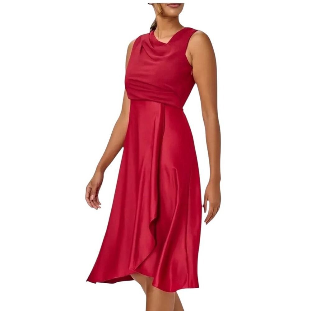 Elegant Red Sleeveless Cowl‎ Party Formal Wedding Guest Midi Dress Size 8 NWT